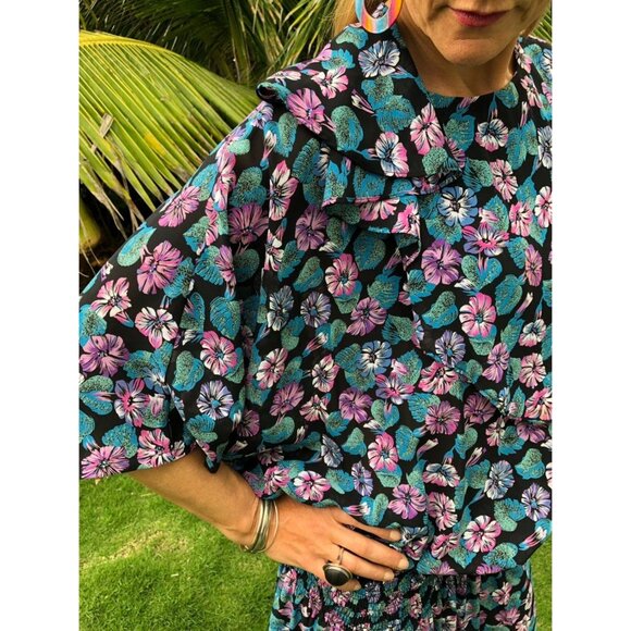 Vintage 80s does 20s Dropped Waist Tropical Hawaiian Flowy Dress | Small Medium - Picture 6 of 10